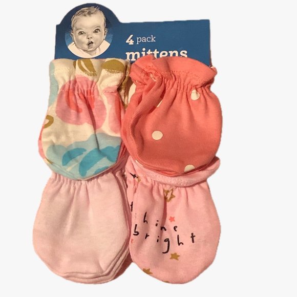 Gerber Anti-Scratch Mittens Girl Pink 4 Pack Cotton Sz 0-3 M Up to 12 lbs - Picture 2 of 5